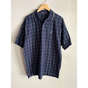Nautica Polo Shirt Mens XL Navy Blue Check Cotton Classic Fit Golf